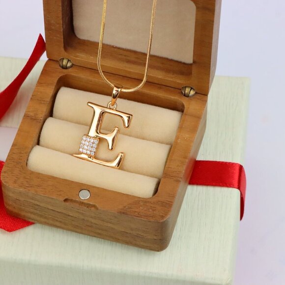 "Rose Gold Plated E Initial Pendant with Sparkling Stone Accent, XPPT1416 - Picture 9 of 13